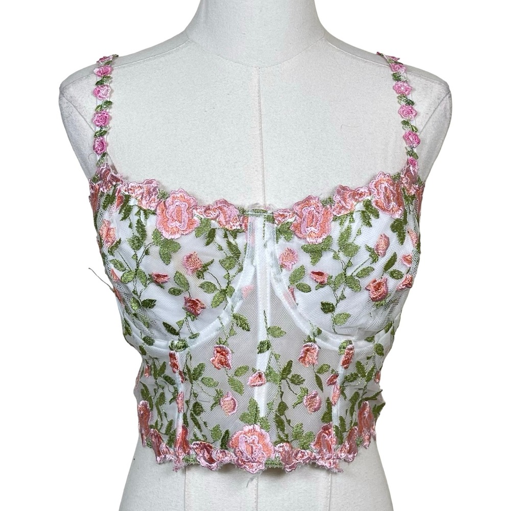 Floral Mesh Cropped Corset Bustier Top Womens 2XL White Pink Rose Embroidered